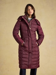 Joules Windborough Burgundy Red Showerproof Longline Padded Coat with Hood - Image 1 of 10