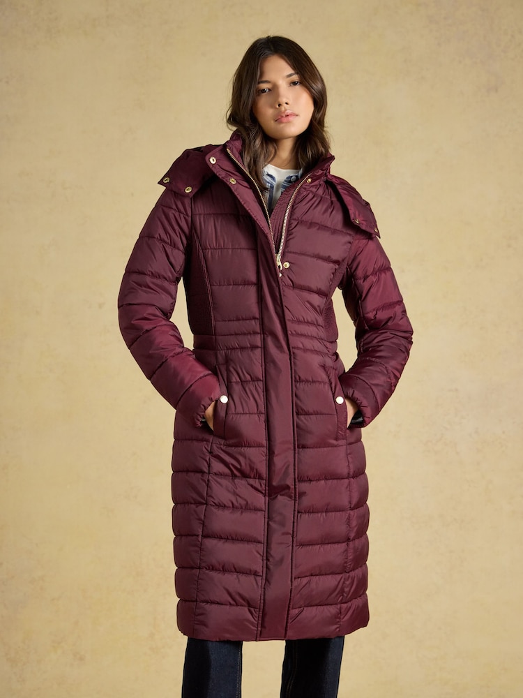 Joules Windborough Burgundy Red Showerproof Longline Padded Coat with Hood - Image 1 of 10