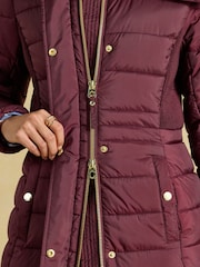 Joules Windborough Burgundy Red Showerproof Longline Padded Coat with Hood - Image 4 of 10
