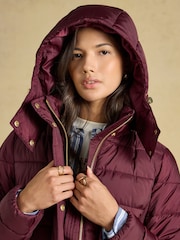 Joules Windborough Burgundy Red Showerproof Longline Padded Coat with Hood - Image 7 of 10