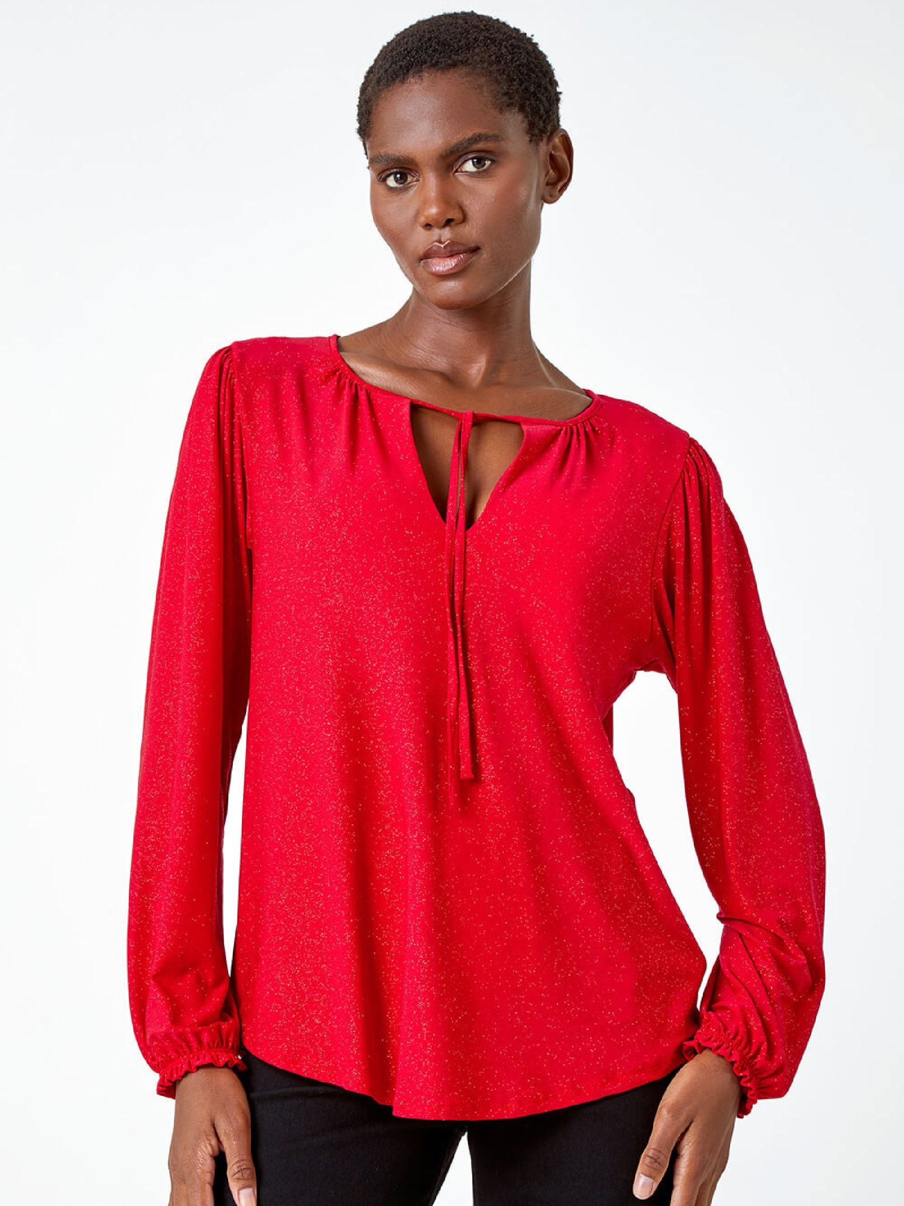 Buy Roman Red Tie Neck Glitter Stretch Blouse from Next USA