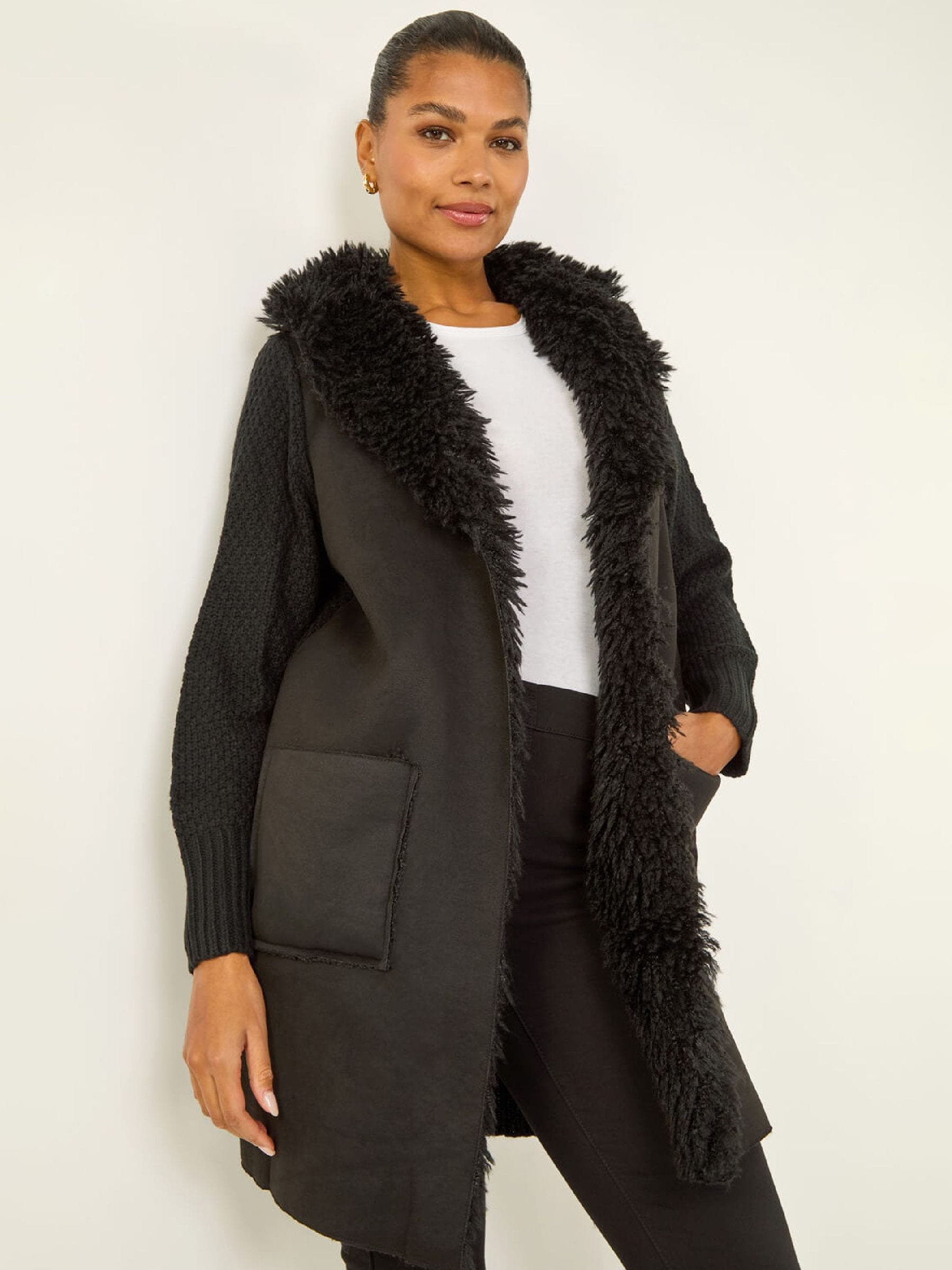 Buy Roman Black Longline Faux Shearling Knit Cardigan from Next USA