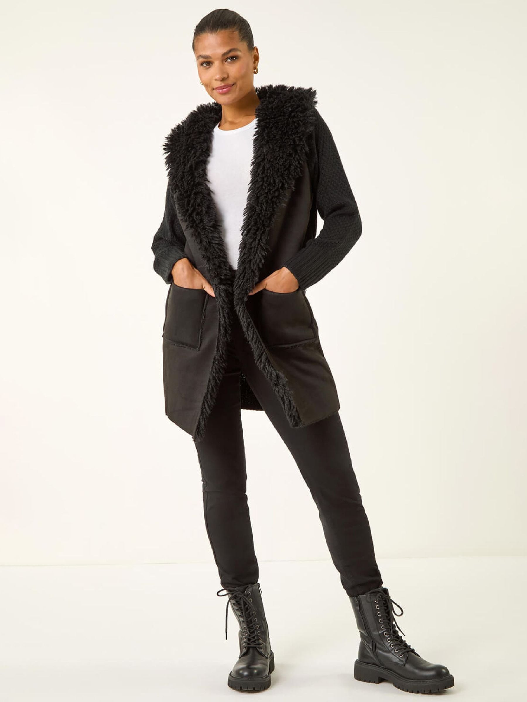 Buy Roman Black Longline Faux Shearling Knit Cardigan from Next USA