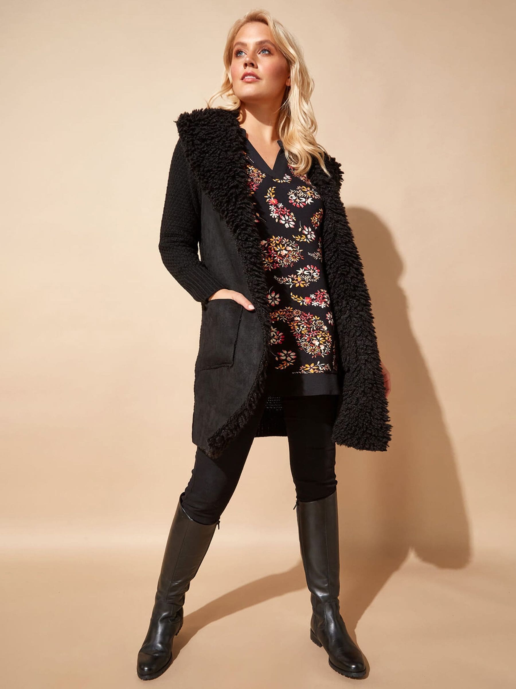Buy Roman Black Longline Faux Shearling Knit Cardigan from Next USA