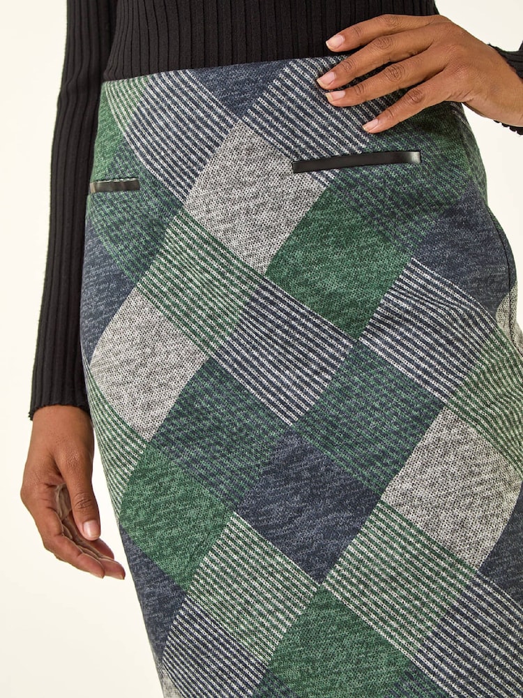 Roman Green Check Print Pocket Stretch Skirt - Image 5 of 5 Roman Green Check Print Pocket Stretch Skirt - Image 5 of 5