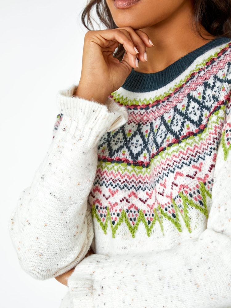 Roman White Fairisle Pattern Frill Detail Stretch Jumper - Image 6 of 6 Roman White Fairisle Pattern Frill Detail Stretch Jumper - Image 6 of 6