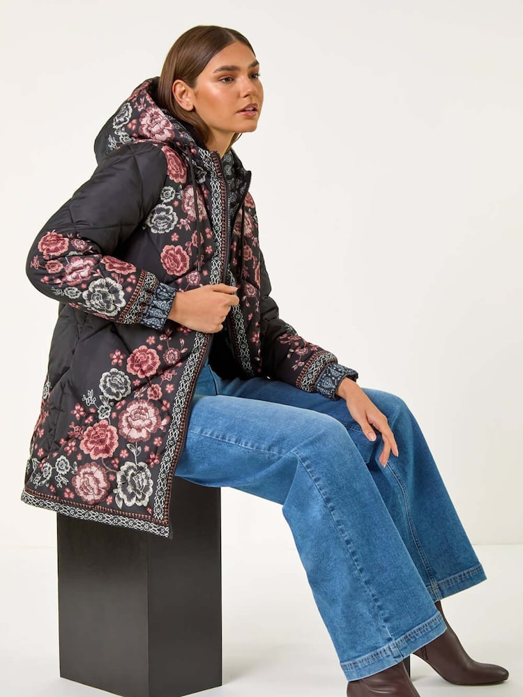 Roman Black Floral Print Quilted Hooded Coat - Image 2 of 5 Roman Black Floral Print Quilted Hooded Coat - Image 2 of 5