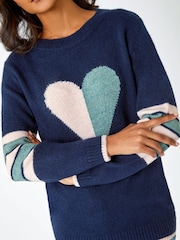 Roman Blue Heart Print Stripe Sleeve Jumper - Image 6 of 6