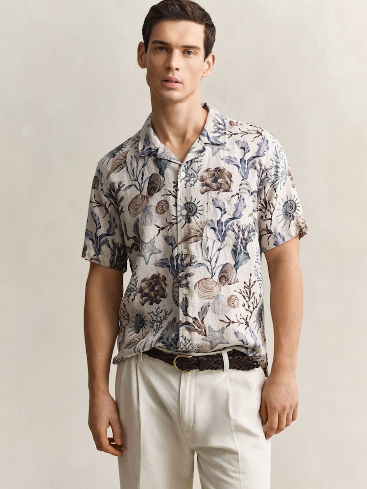 GANT Natural All Over Print Camp Collar Linen Resort Shirt - Image 1 of 5