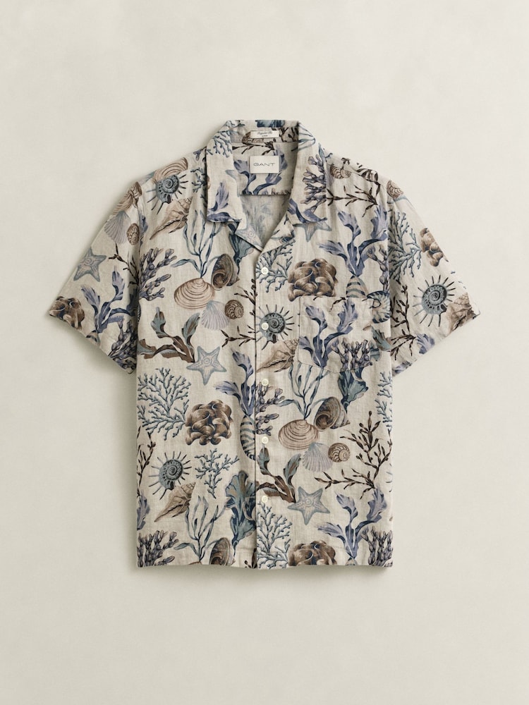 GANT Natural All Over Print Camp Collar Linen Resort Shirt - Image 5 of 5