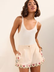 Friends Like These Cream Embroidered Tailored Shorts with Linen - Image 3 of 6