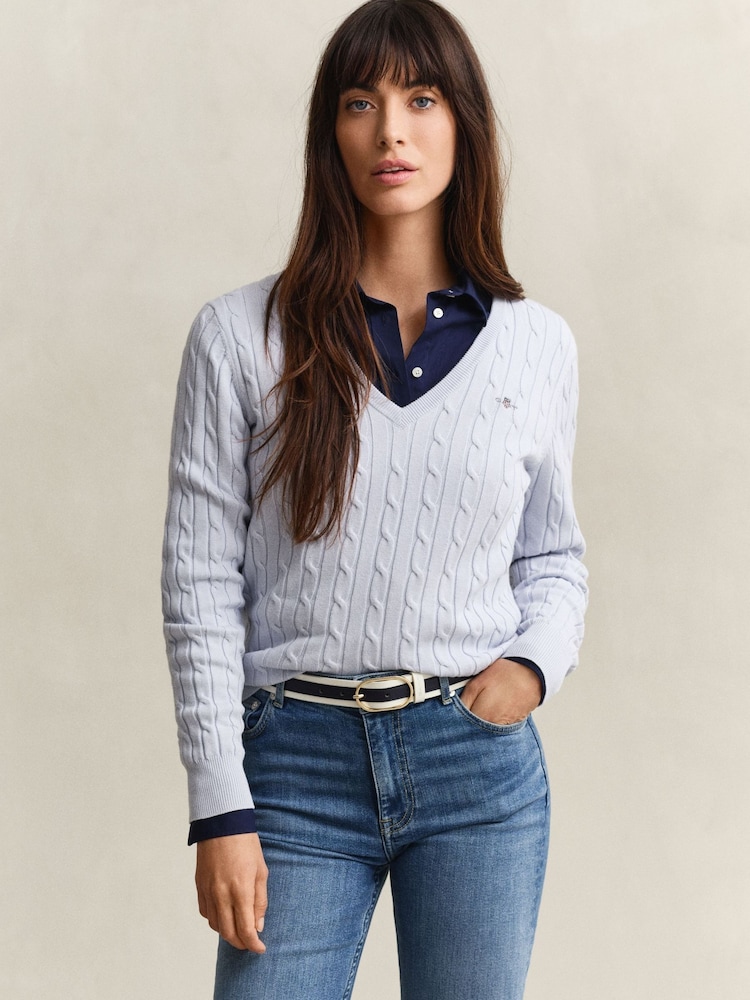 GANT White Stretch Cotton Cable Knit V-Neck Jumper - Image 1 of 5