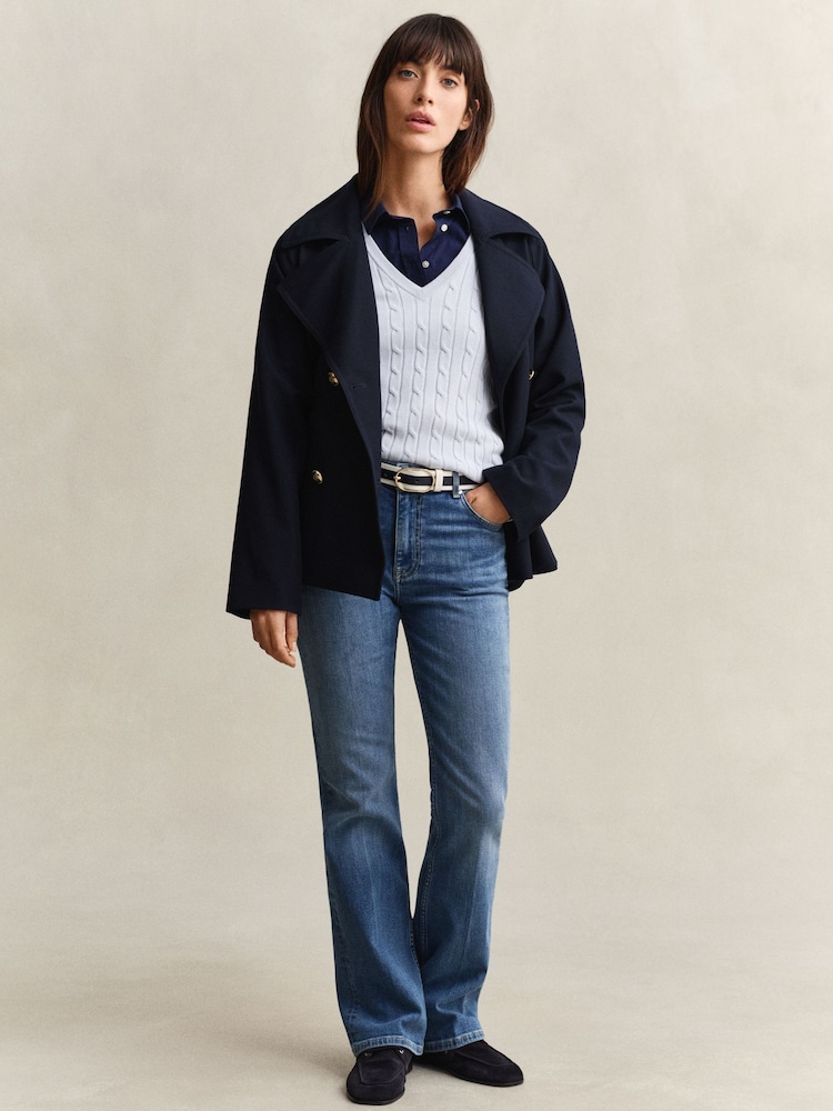 GANT White Stretch Cotton Cable Knit V-Neck Jumper - Image 2 of 5