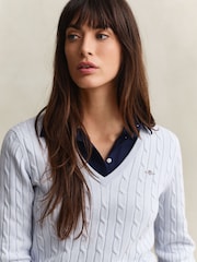 GANT White Stretch Cotton Cable Knit V-Neck Jumper - Image 4 of 5