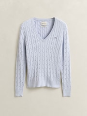 GANT White Stretch Cotton Cable Knit V-Neck Jumper - Image 5 of 5