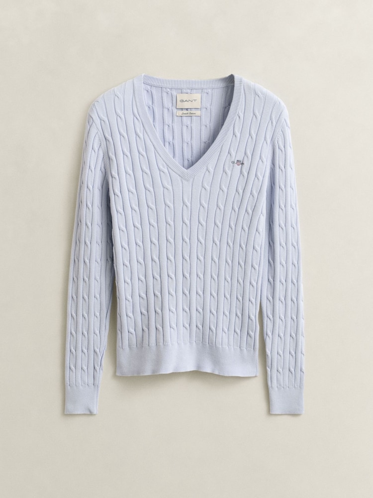GANT White Stretch Cotton Cable Knit V-Neck Jumper - Image 5 of 5