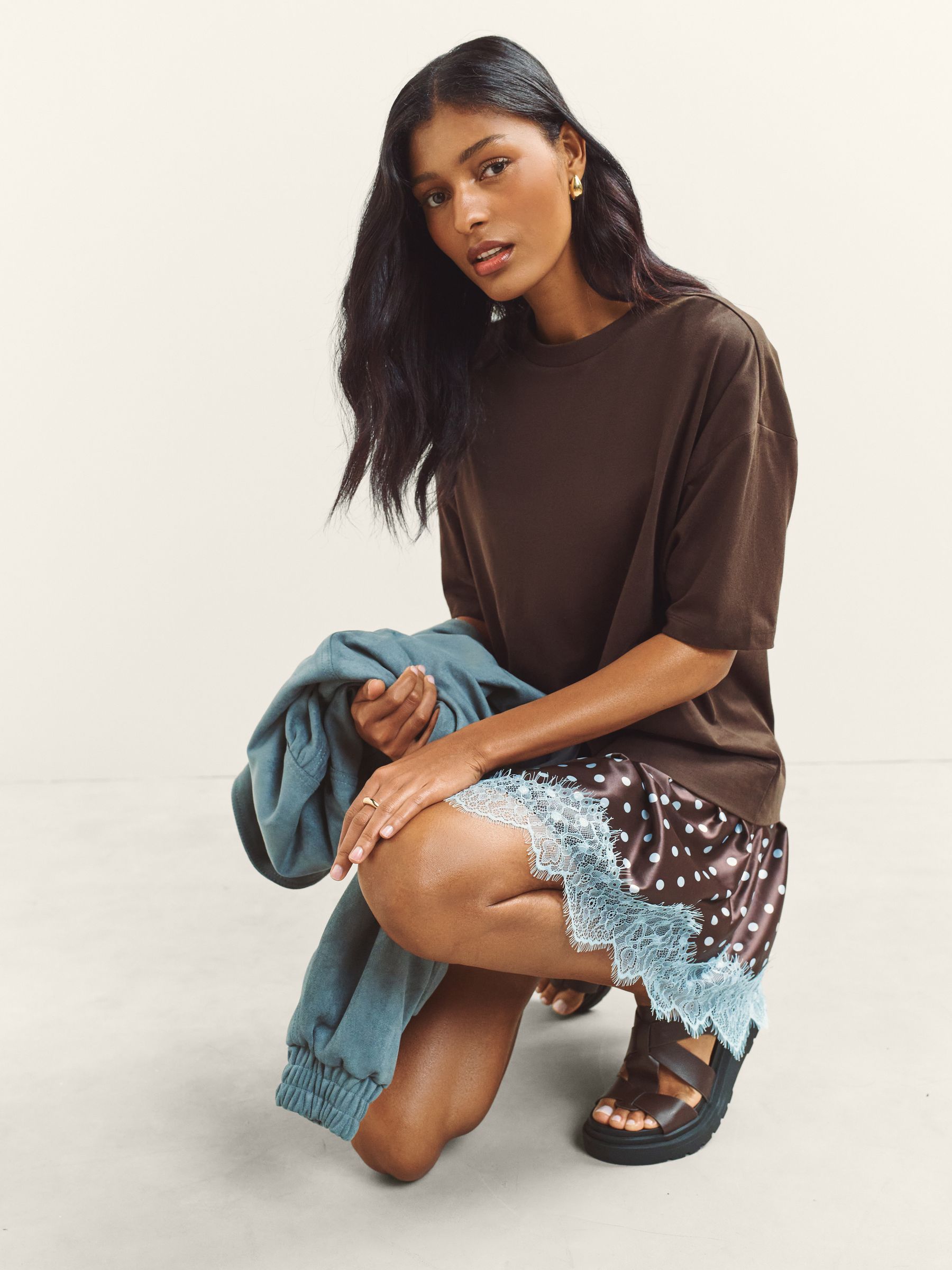Chocolate Brown Polka Dot 2-in-1 Short Sleeve T-Shirt and Lace Mini Dress