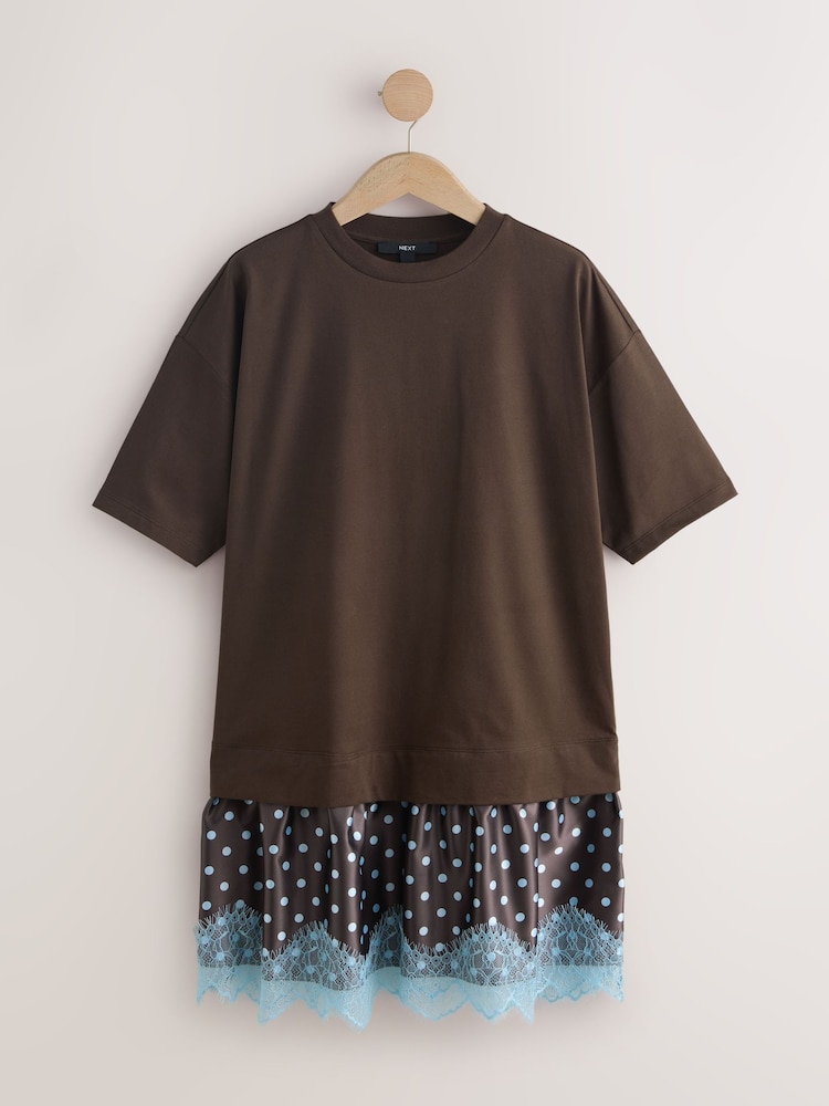 Chocolate Brown Spot 2-in-1 Short Sleeve T-Shirt and Lace Mini Dress - Image 1 of 3