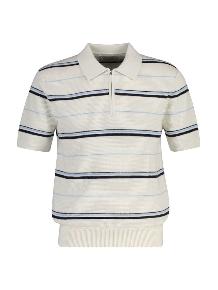 Cream - GANT Stripe Textured Zip Neck Knit Polo Shirt - Imaginea 1 din 2