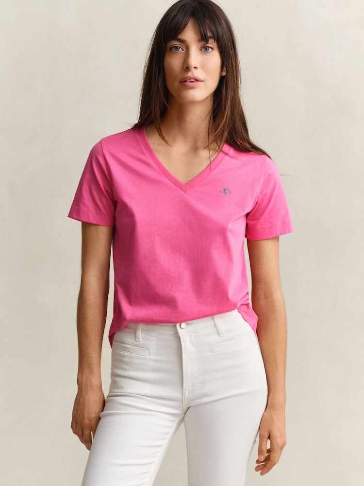 GANT Pink Shield Logo V-Neck T-Shirt - Image 1 of 5