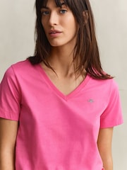 GANT Pink Shield Logo V-Neck T-Shirt - Image 4 of 5