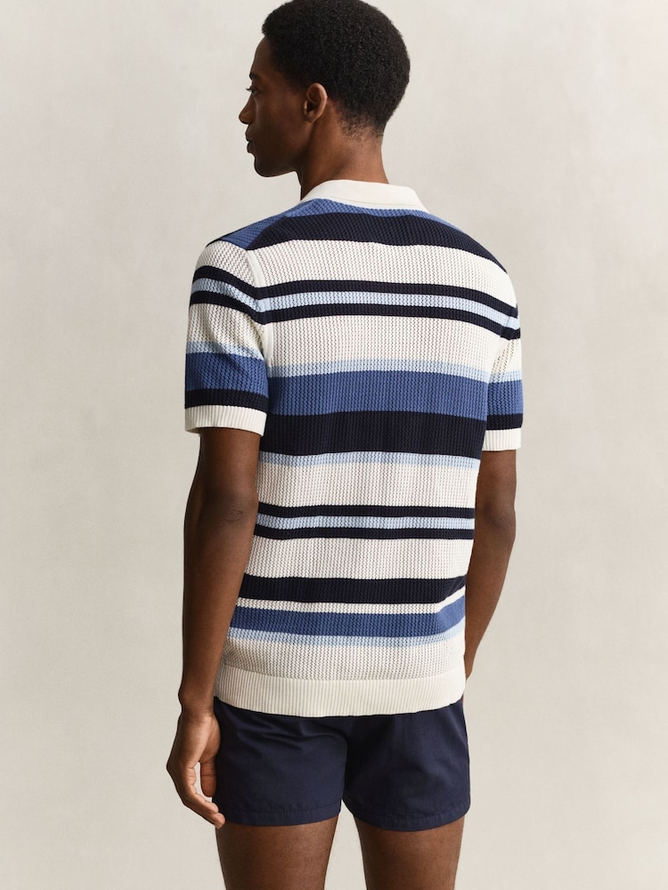 GANT Blue Stripe Texture Button Through Knit Shirt - Image 2 of 4