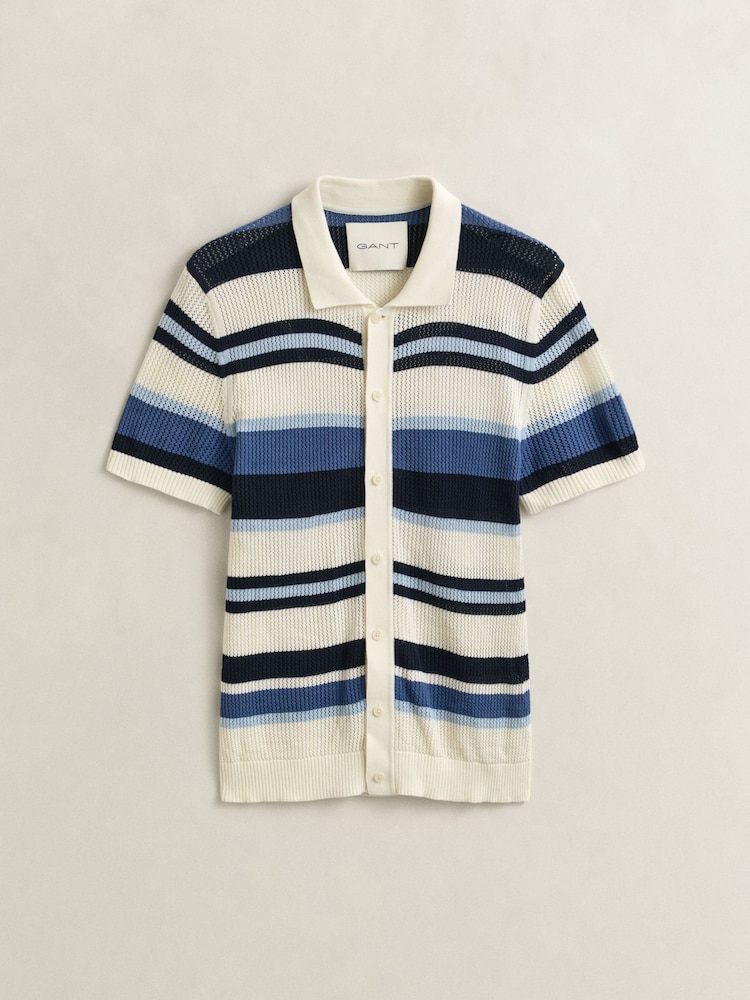 GANT Blue Stripe Texture Button Through Knit Shirt - Image 4 of 4