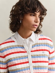 GANT Pink Multi Stripe Button Through Cable Knit Cardigan - Image 4 of 5