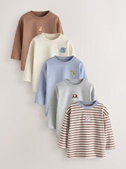 Bordado de Animal en tonos marrón y crema - Camisetas de manga larga 5 Pack (3meses -7años) - Imagen 1 de 9