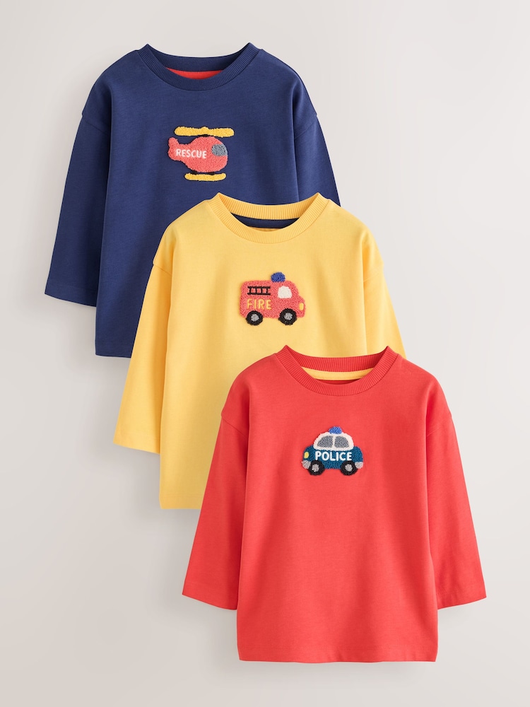 Multi Bright Transport Long Sleeve Applique T-Shirts 3 Pack (3mths-7yrs) - Image 1 of 7