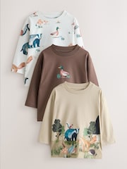 Neutral/Tan Woodland Watercolour Long Sleeve Graphic T-Shirts 3 Pack (3mths-7yrs) - Image 1 of 5