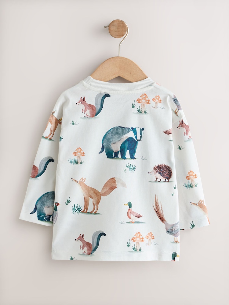 Neutral/Tan Woodland Watercolour Long Sleeve Graphic T-Shirts 3 Pack (3mths-7yrs) - Image 5 of 5