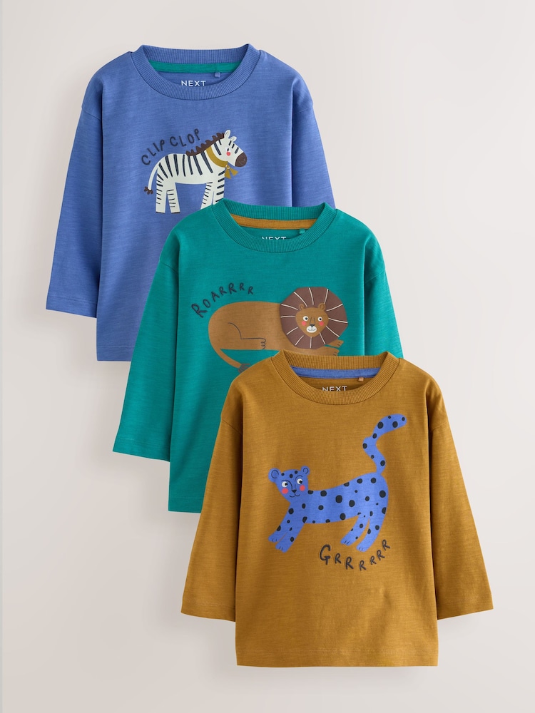 Green/Blue Animal Long Sleeve Graphic T-Shirts 3 Pack (3mths-7yrs) - Image 1 of 7