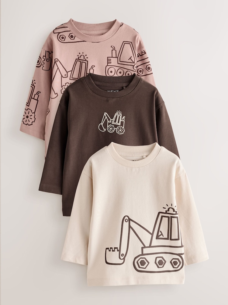 Neutral Digger Long Sleeve Graphic T-Shirts 3 Pack (3mths-7yrs) - Image 1 of 7 Neutral Digger Long Sleeve Graphic T-Shirts 3 Pack (3mths-7yrs) - Image 1 of 7