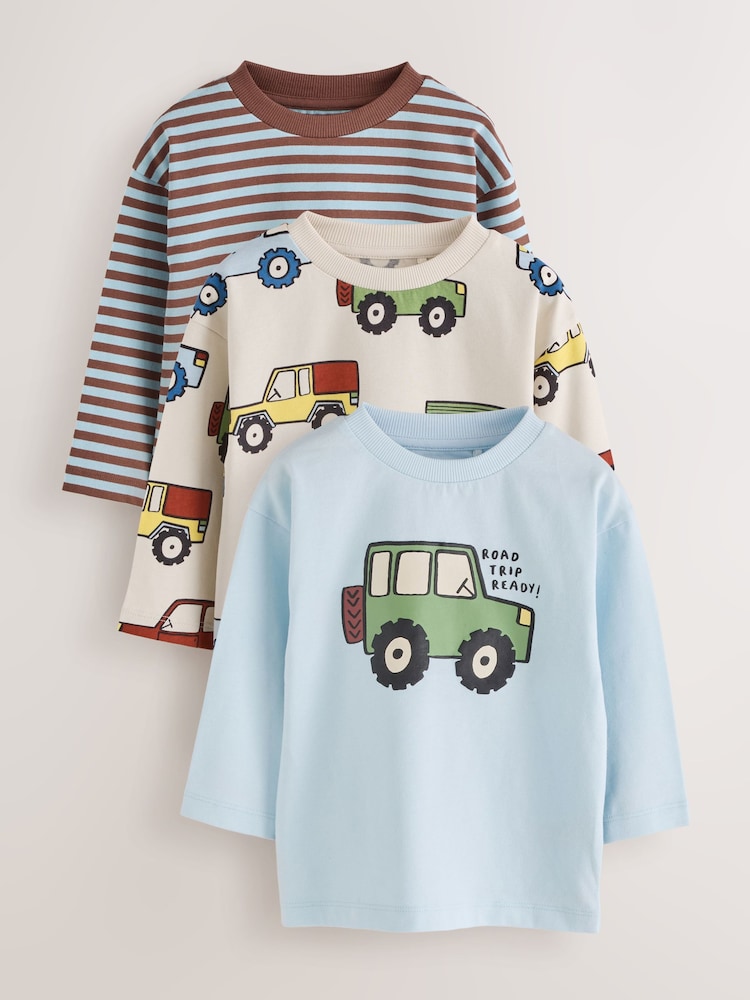 Blue Stripe Car Long Sleeve Graphic T-Shirts 3 Pack (3mths-7yrs) - Image 1 of 7 Blue Stripe Car Long Sleeve Graphic T-Shirts 3 Pack (3mths-7yrs) - Image 1 of 7