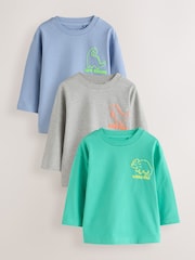 Blue/Green/Grey Dino Long Sleeve Graphic T-Shirts 3 Pack (3mths-7yrs) - Image 1 of 7