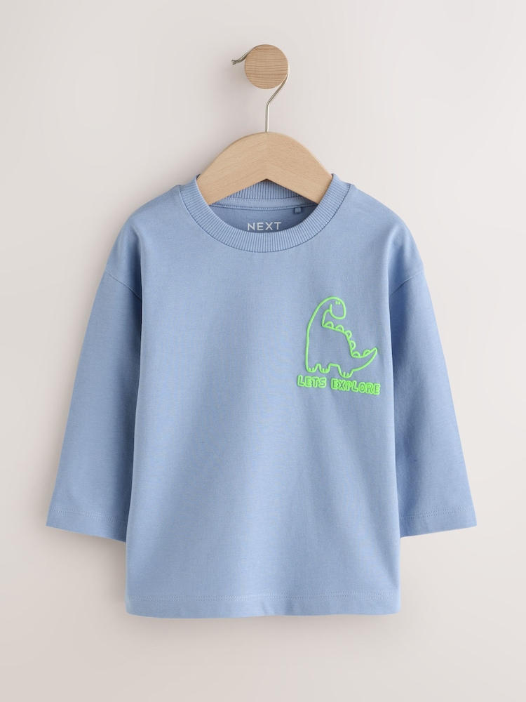 Blue/Green/Grey Dino Long Sleeve Graphic T-Shirts 3 Pack (3mths-7yrs) - Image 2 of 7