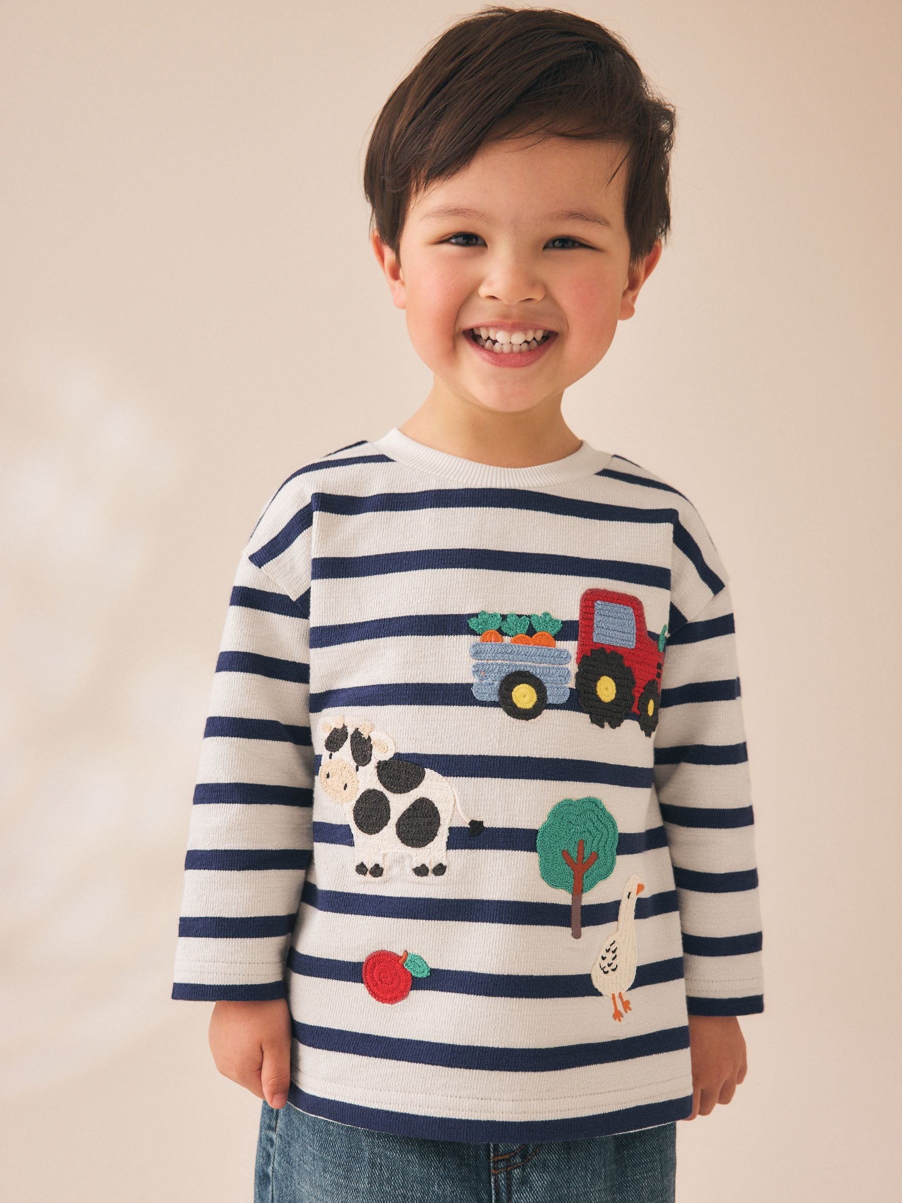Buy Cream/Navy Stripe Farm Embroidery Long Sleeve Appliqué T-Shirt