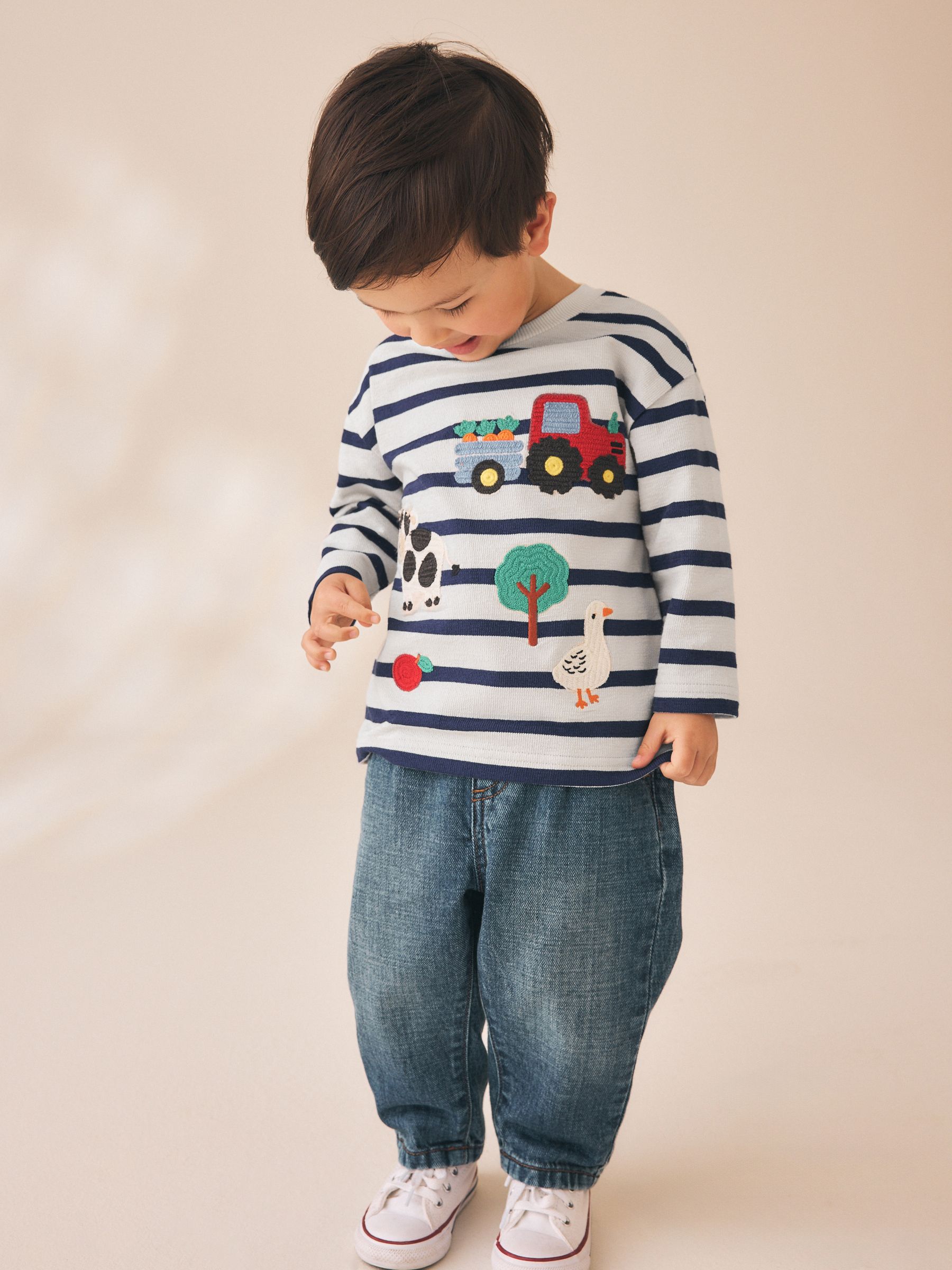 Buy Cream/Navy Stripe Farm Embroidery Long Sleeve Appliqué T-Shirt