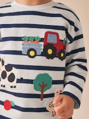 Cream/Navy Stripe Farm Embroidery Long Sleeve Appliqué T-Shirt (3mths-7yrs) - Image 4 of 8