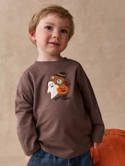 Brown Halloween Trick or Treat Character Long Sleeve Back Graphic T-Shirt (3mths-7yrs) - Image 1 of 4