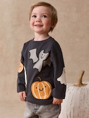 Charcoal Grey Halloween Character Long Sleeve Back Graphic T-Shirt (3mths-7yrs) - Image 1 of 8