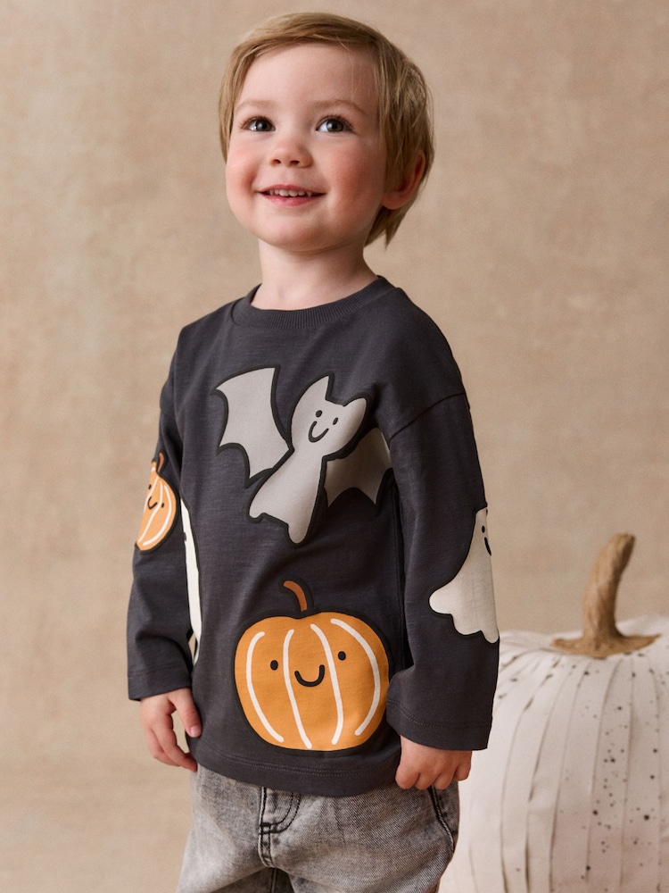 Charcoal Grey Halloween Character Long Sleeve Back Graphic T-Shirt (3mths-7yrs) - Image 1 of 8