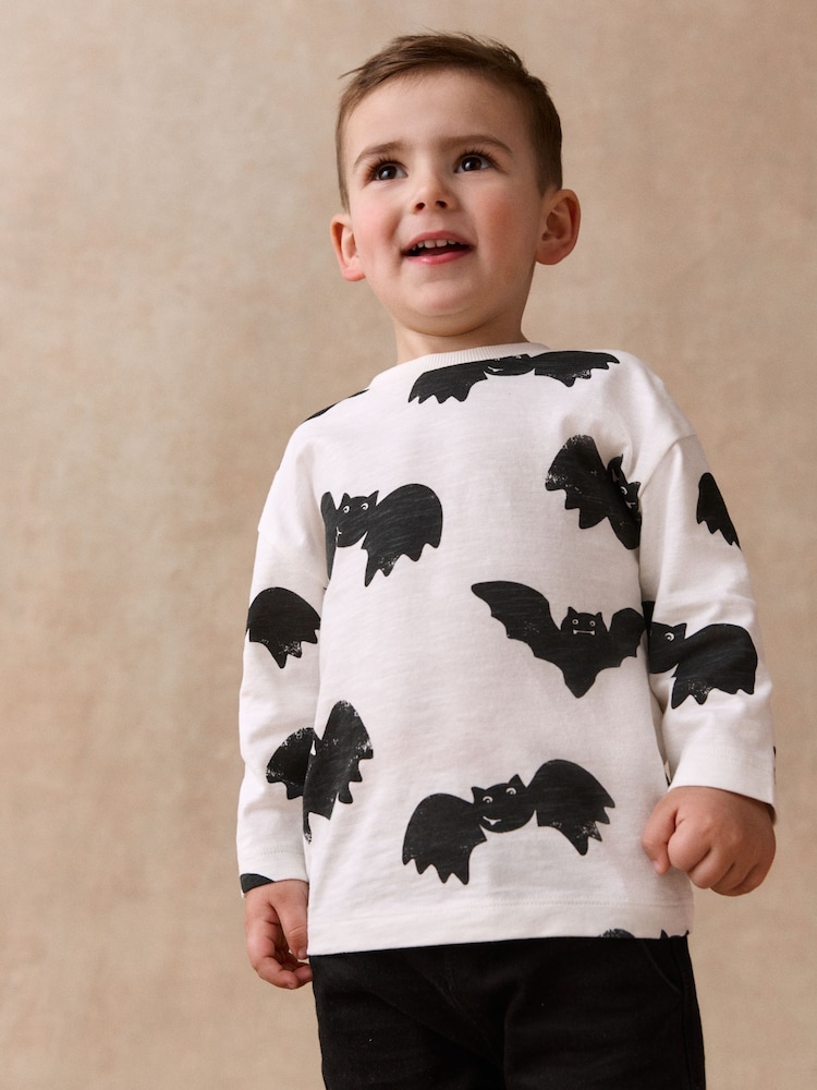 White/Black Halloween Bat All Over Print Long Sleeve Back Graphic T-Shirt (3mths-7yrs) - Image 1 of 8