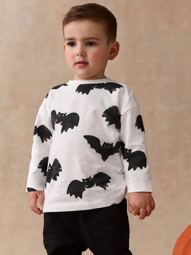 White/Black Halloween Bat All Over Print Long Sleeve Back Graphic T-Shirt (3mths-7yrs) - Image 2 of 8