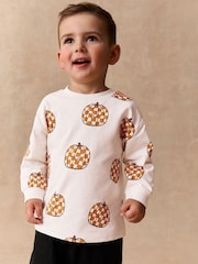 Cream Halloween Checkerboard Pumpkin Long Sleeve Back Graphic T-Shirt (3mths-7yrs) - Image 1 of 8