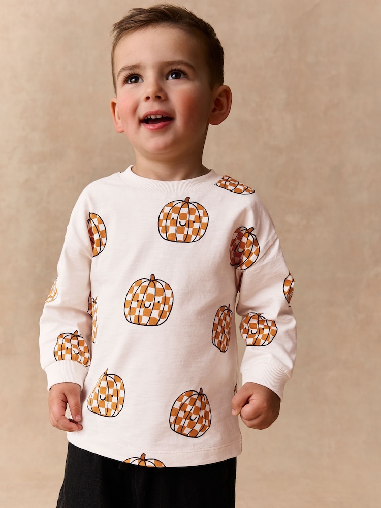 Cream Halloween Checkerboard Pumpkin Long Sleeve Back Graphic T-Shirt (3mths-7yrs) - Image 1 of 8