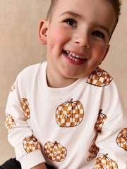 Cream Halloween Checkerboard Pumpkin Long Sleeve Back Graphic T-Shirt (3mths-7yrs) - Image 4 of 8