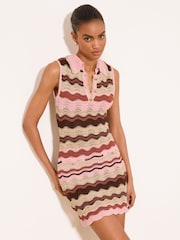 Lipsy Brown Pink Sleeveless Knitted Polo Zig Zag Detail Mini Dress - Image 1 of 5