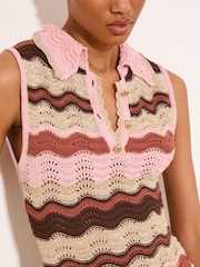 Lipsy Brown Pink Sleeveless Knitted Polo Zig Zag Detail Mini Dress - Image 2 of 5